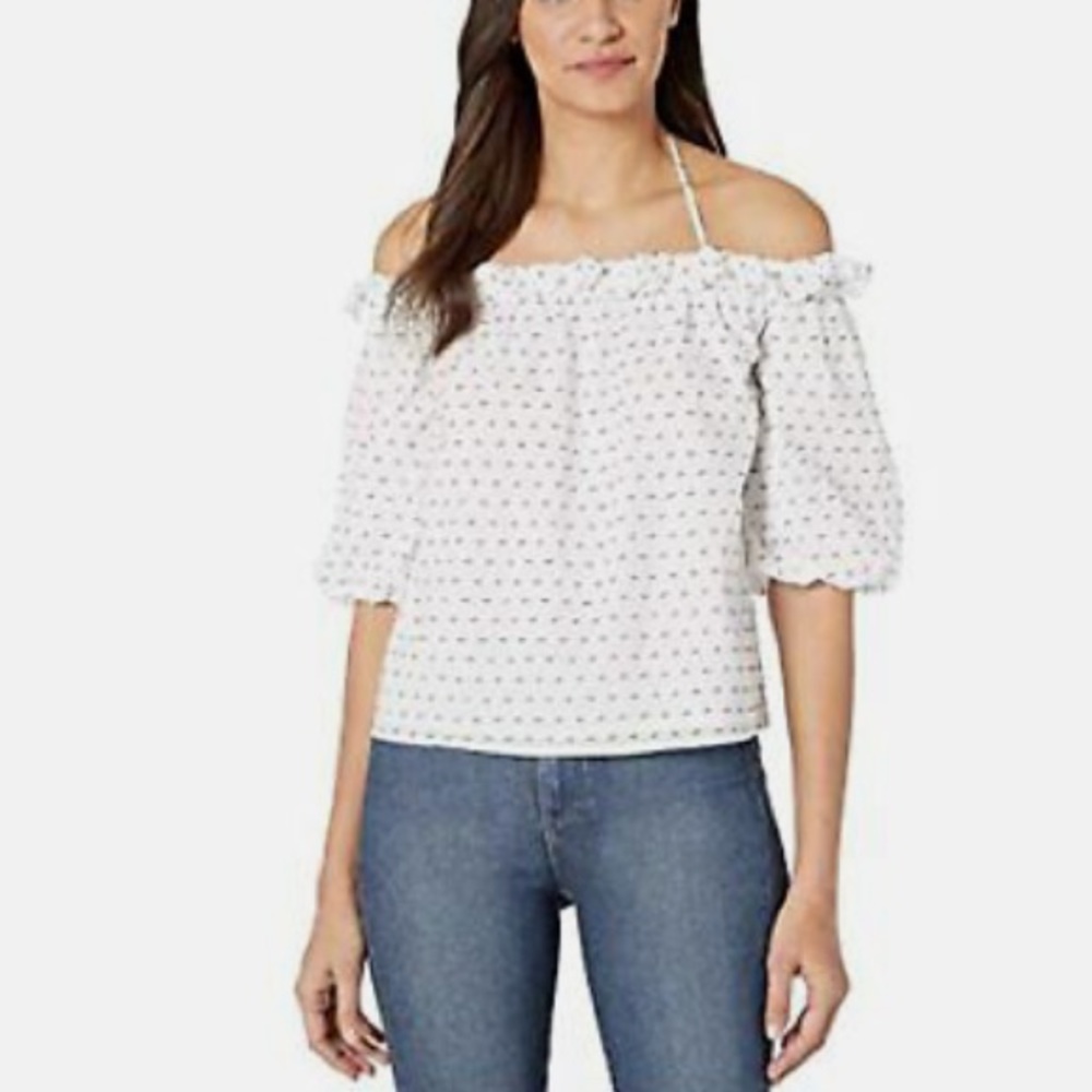 NWT 1. State Off-Shoulder Lawn Clip Ruffle Halter Balloon Sleeve Top White